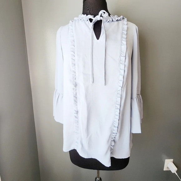 Karl Lagerfeld Blue Ruffle Blouse with Keyhole and Tie Detail - Picture 1 of 5